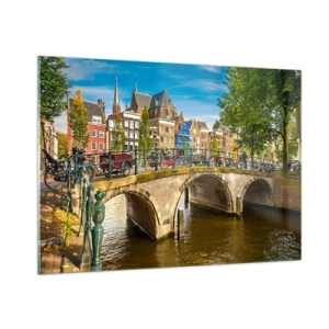Quadro su vetro - Un ponte su un canale circondato da architettura storica e vegetazione - 100x70cm - La primavera sul canale - Decorazione murale moderna per soggiorno e camera da letto ARTTOR