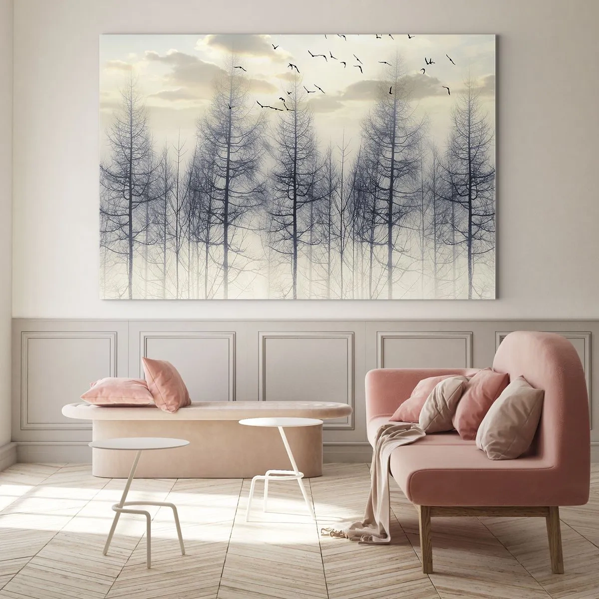 Quadro su vetro - Una foresta nebbiosa con uccelli, illuminata dal sole nascente - 70x50cm - Lo spirito della foresta - Decorazione murale moderna per soggiorno e camera da letto ARTTOR