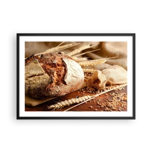 Poster in cornice nera - Pane croccante con cereali e spighe di grano su fondo in legno - 70x50cm - Appetitoso, profumato, croccante - Decorazione murale moderna per soggiorno e camera da letto ARTTOR