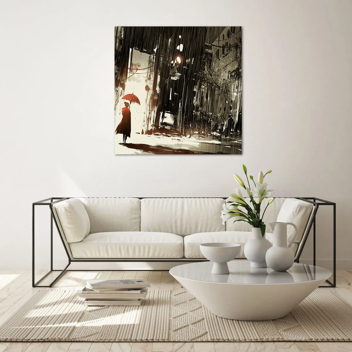 Quadro su vetro - La poesia dell'ombrello rosso - 70x70 cm