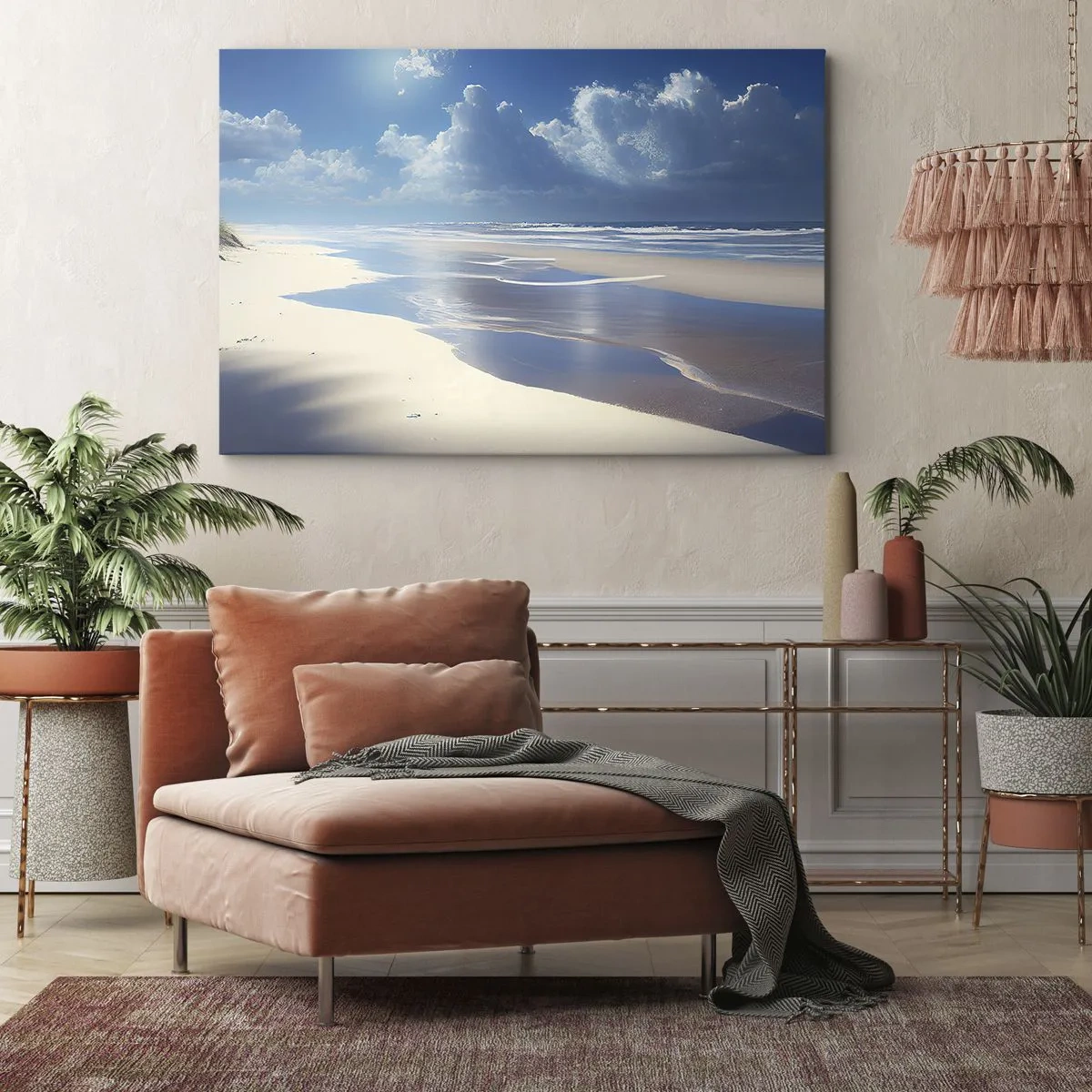 Quadro su tela - Stampe su Tela - Una spiaggia sabbiosa con onde sotto un cielo azzurro - 70x50cm - Vacanze in paradiso - Decorazione murale moderna per soggiorno e camera da letto ARTTOR