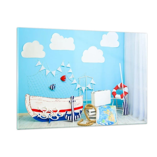 Quadro su vetro - Scena marina decorativa con barca e oggetti di scena nautici - 120x80cm - La nostalgia delle avventure dei bambini - Decorazione murale moderna per soggiorno e camera da letto ARTTOR