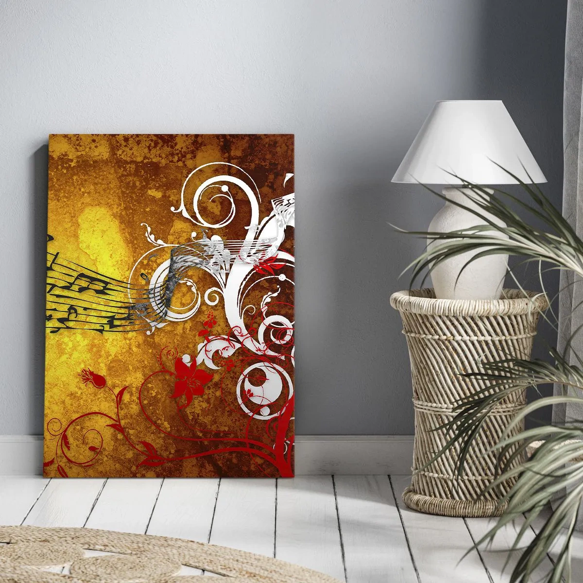 Quadro su tela - Stampe su Tela - Note musicali astratte su uno sfondo colorato con ornamenti - 50x70cm - Che la musica scorra - Decorazione murale moderna per soggiorno e camera da letto ARTTOR