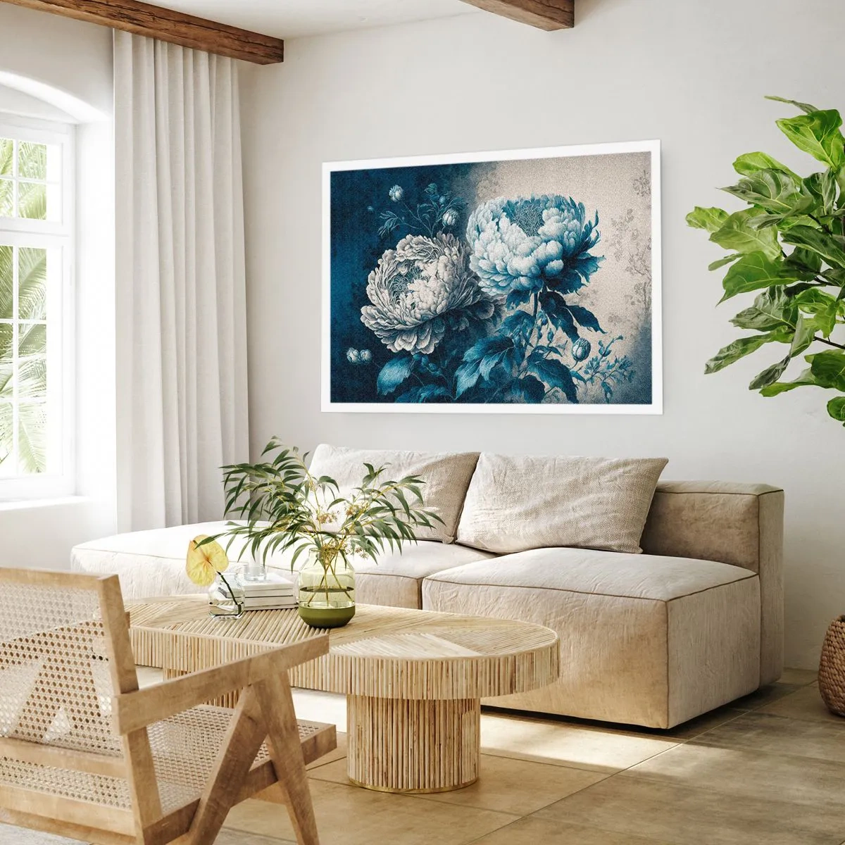 Poster - Peonie blu su uno sfondo tenue con un motivo delicato - 100x70cm - Coppia perfetta - Decorazione murale moderna per soggiorno e camera da letto ARTTOR