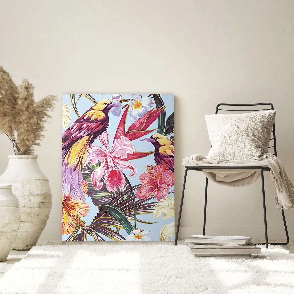 Quadro su vetro - Uccelli esotici tra i fiori tropicali - 70x100cm - Petali e piume - Decorazione murale moderna per soggiorno e camera da letto ARTTOR
