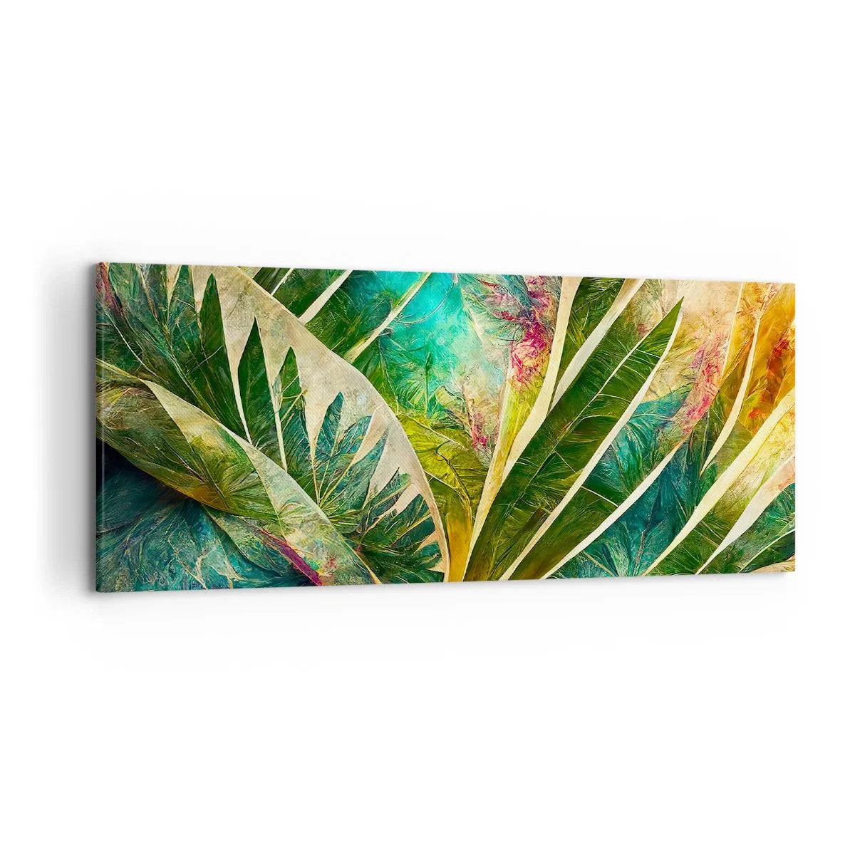 Quadro su tela - Stampe su Tela - Foglie tropicali colorate su uno sfondo chiaro - 120x50cm - I colori dei tropici - Decorazione murale moderna per soggiorno e camera da letto ARTTOR