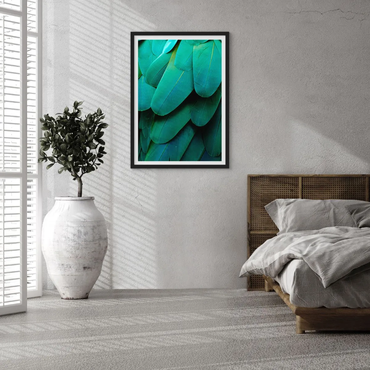 Poster in cornice nera - Primo piano delle piume verdi di un uccello esotico - 50x70cm - Precisione da pappagallo - Decorazione murale moderna per soggiorno e camera da letto ARTTOR