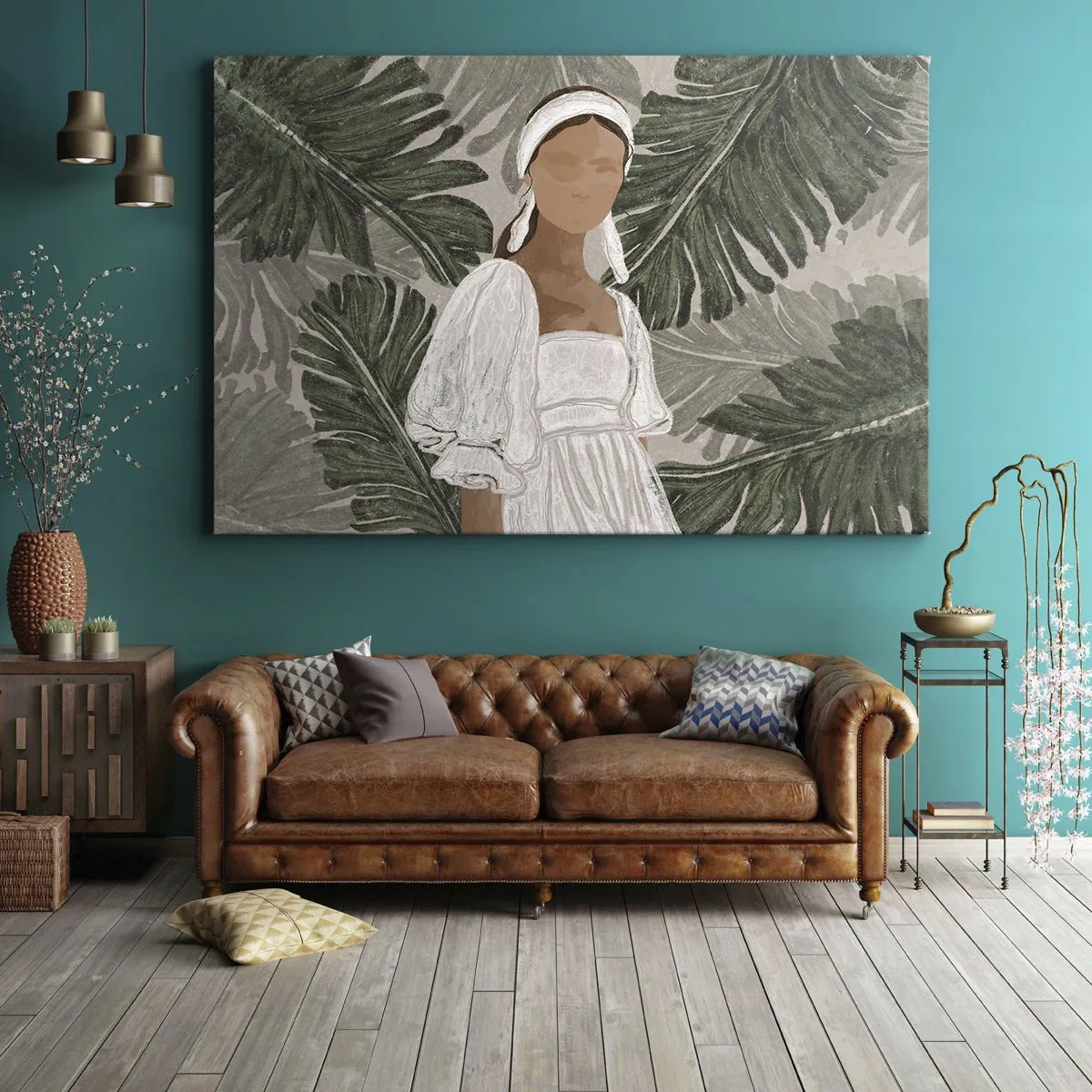 Quadro su tela - Stampe su Tela - Ritratto di una donna in abito bianco su uno sfondo di foglie di monstera - 100x70cm - Ritratto esotico - Decorazione murale moderna per soggiorno e camera da letto ARTTOR
