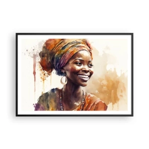 Poster in cornice nera - Ritratto di una donna sorridente con una sciarpa colorata in acquerello - 100x70cm - Regina africana - Decorazione murale moderna per soggiorno e camera da letto ARTTOR