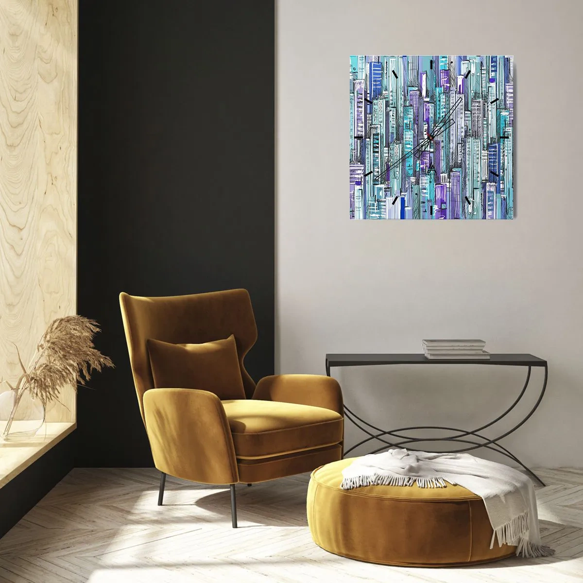 Orologio da parete - Orologio in Vetro - Illustrazione di una città con edifici geometrici nelle tonalità del blu e del viola. - 30x30cm - Bluastri dal cielo - Decorazione murale moderna per soggiorno e camera da letto ARTTOR
