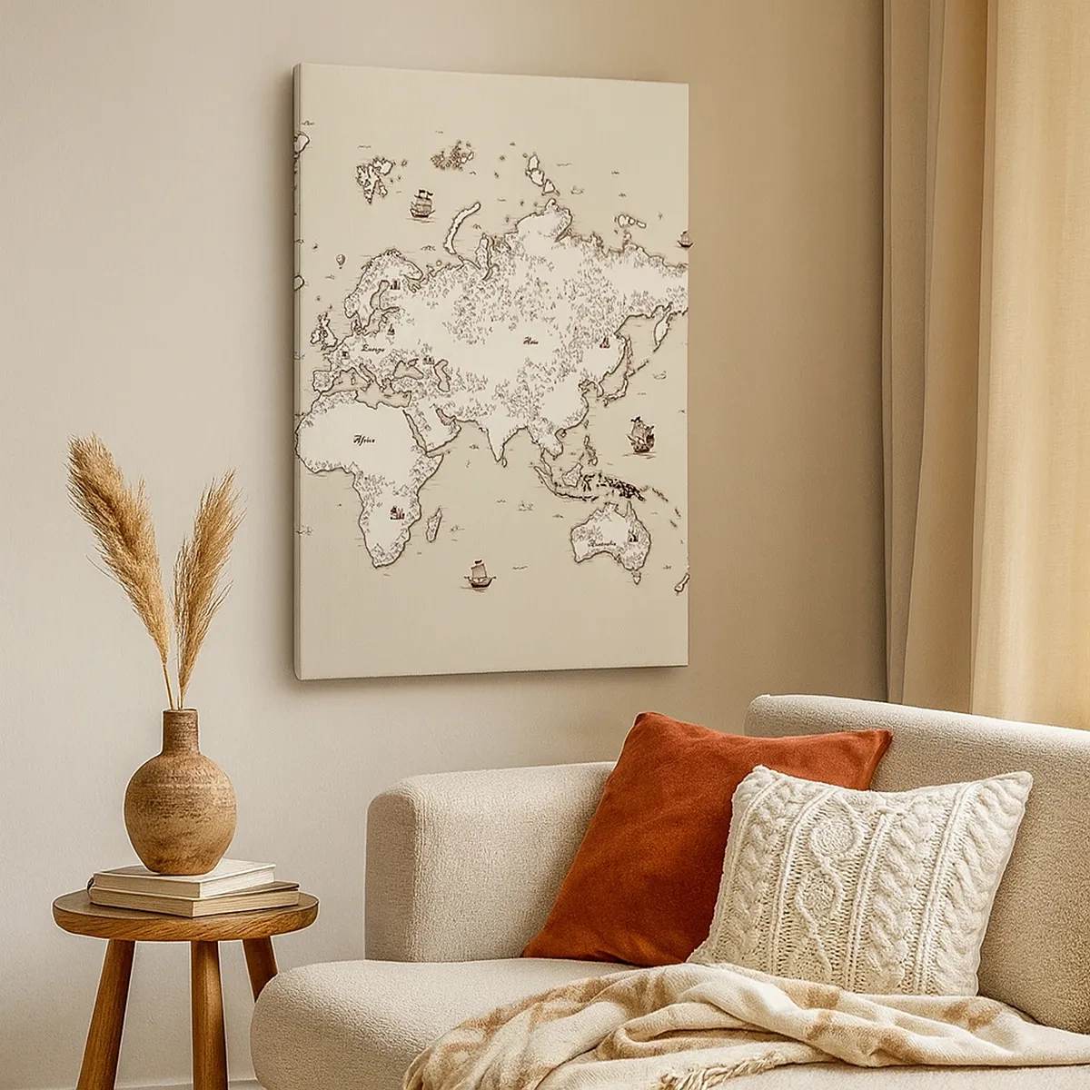 Quadro su tela - Stampe su Tela - Una mappa stilizzata del mondo nei toni del beige e del marrone. - 50x70cm - Il viaggio attorno al mondo - Decorazione murale moderna per soggiorno e camera da letto ARTTOR