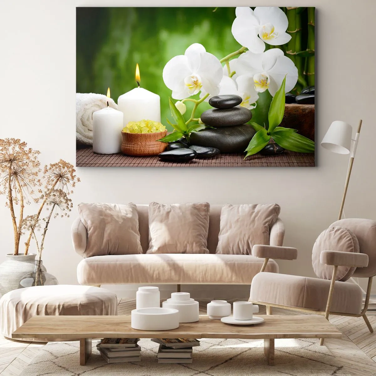 Quadro su tela - Stampe su Tela - Orchidee, candele e pietre immerse nella natura - 70x50cm - Tocco delicato, fragrante, floreale - Decorazione murale moderna per soggiorno e camera da letto ARTTOR