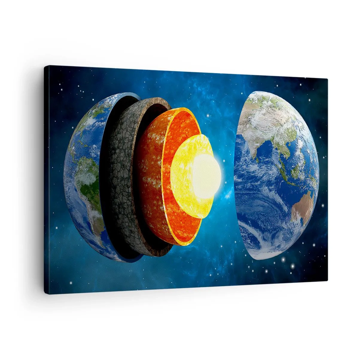Quadro su tela - Stampe su Tela - Una sezione trasversale della Terra che mostra i suoi strati nello spazio. - 70x50cm - Viaggio al centro della terra - Decorazione murale moderna per soggiorno e camera da letto ARTTOR