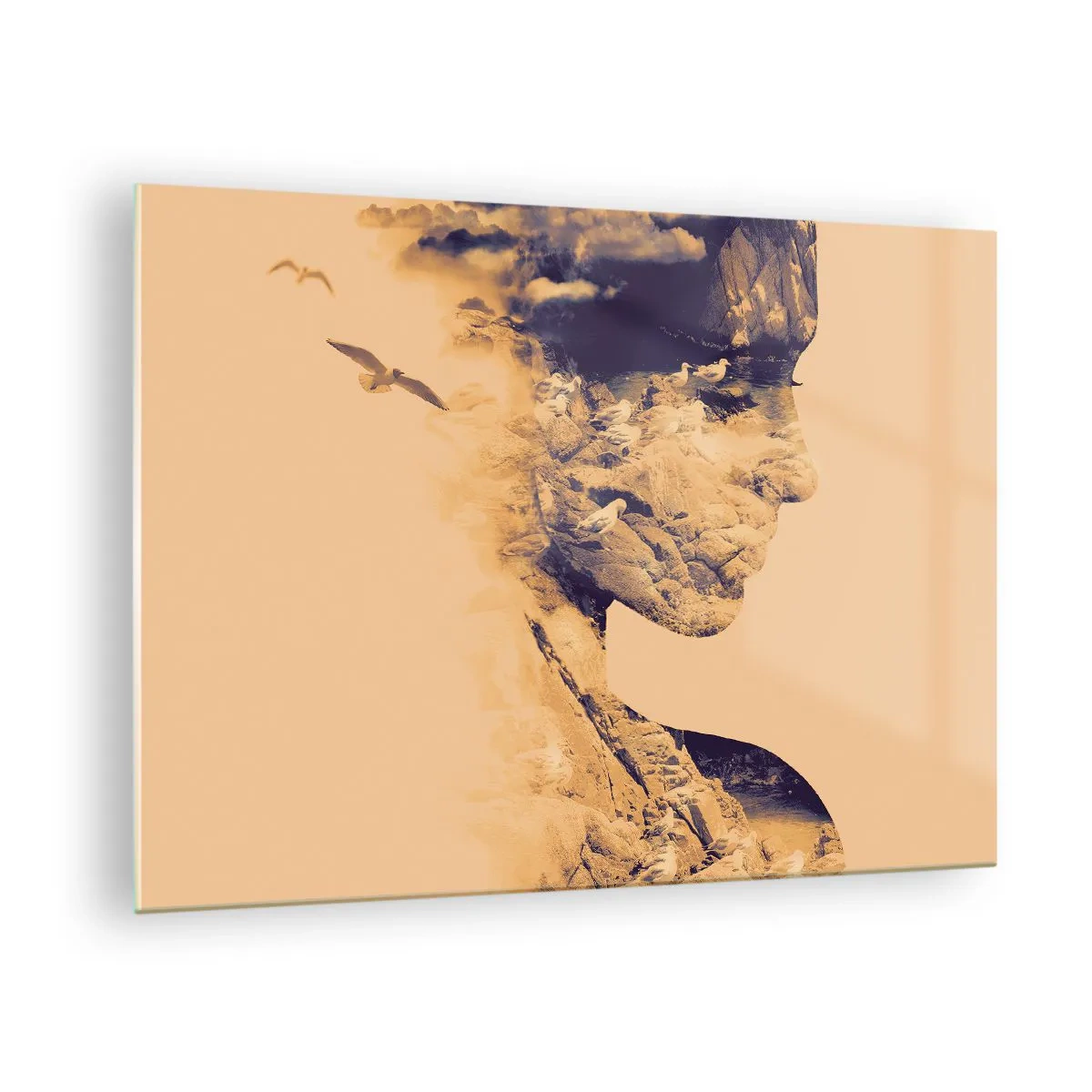 Quadro su vetro - Silhouette di una donna con motivo paesaggistico e uccelli - 70x50cm - Bella di natura - Decorazione murale moderna per soggiorno e camera da letto ARTTOR