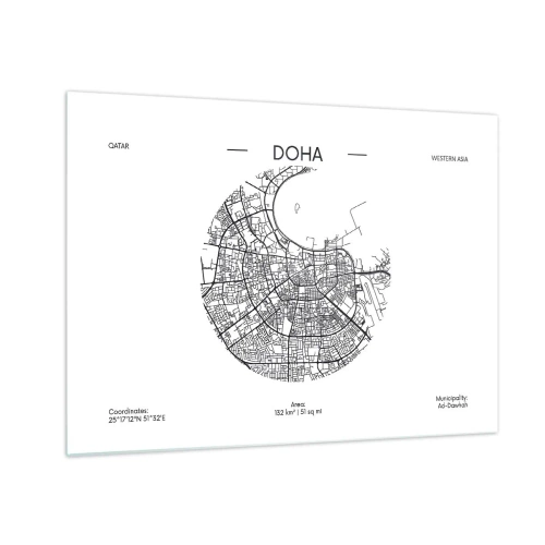 Quadro su vetro - Una mappa grafica di Doha in stile minimalista in bianco e nero. - 70x50cm - Anatomia di Doha - Decorazione murale moderna per soggiorno e camera da letto ARTTOR