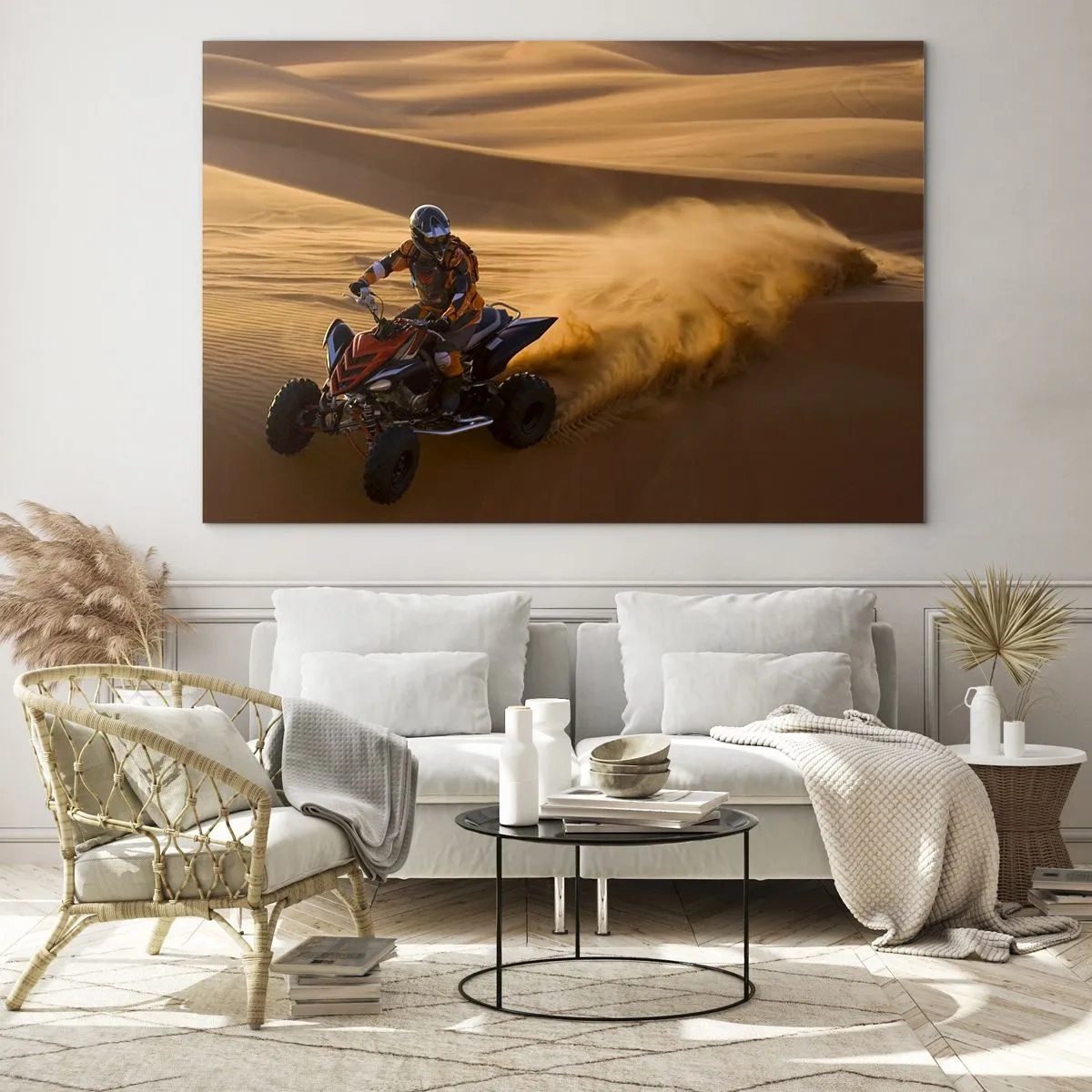 Quadro su vetro - ATV in azione nel deserto al tramonto - 120x80cm - Sulle onde della sabbia - Decorazione murale moderna per soggiorno e camera da letto ARTTOR