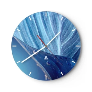Orologio da parete - Orologio in Vetro - Primo piano di una foglia con gocce d'acqua nei toni del blu - 30x30cm - Gocce di blu nascoste - Decorazione murale moderna per soggiorno, cucina e camera da letto ARTTOR