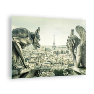 Quadro su vetro - Gargoyle su Parigi con vista sulla Torre Eiffel - 70x50cm - Chiacchierate parigine - Decorazione murale moderna per soggiorno e camera da letto ARTTOR