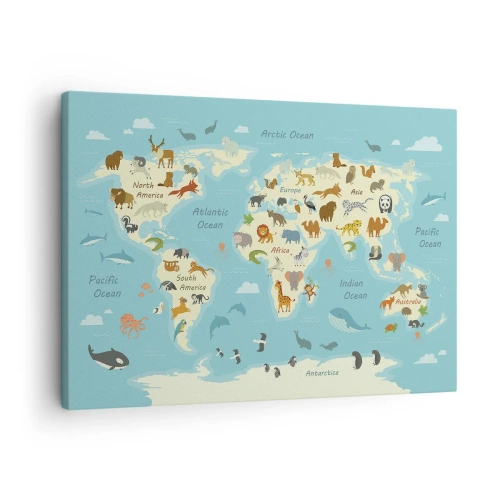 Quadro su tela - Stampe su Tela - Mappa del mondo con illustrazioni di animali - 70x50cm - Buoni vicini - Decorazione murale moderna per soggiorno e camera da letto ARTTOR