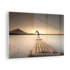 Quadro su vetro - Un pescatore su una zattera di bambù al tramonto - 70x50cm - Prima del riposo - Decorazione murale moderna per soggiorno e camera da letto ARTTOR