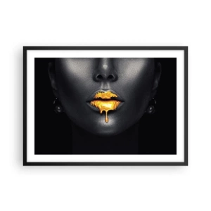 Poster in cornice nera - Ritratto nero e oro di una donna con una goccia d'oro sulle labbra - 70x50cm - Boccadoro - Decorazione murale moderna per soggiorno e camera da letto ARTTOR