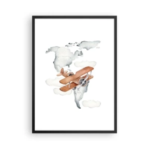 Poster in cornice nera - Un biplano sopra una mappa del mondo tra le nuvole - 50x70cm - Nello spirito dei pionieri - Decorazione murale moderna per soggiorno e camera da letto ARTTOR