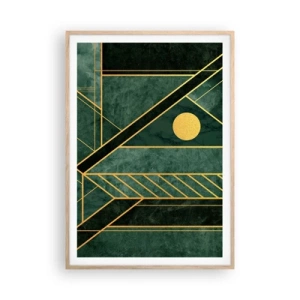 Poster in cornice rovere chiaro - Dinamica di oro e azzurro - 70x100 cm