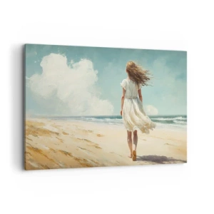 Quadro su tela - Stampe su Tela - Una donna in abito bianco che cammina sulla spiaggia in una giornata di sole - 120x80cm - Dove sole e vento si incontrano - Decorazione murale moderna per soggiorno e camera da letto ARTTOR