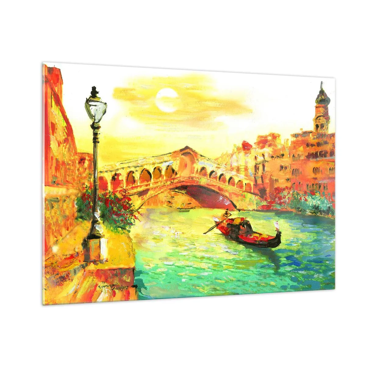 Quadro su vetro - Canale con gondola e ponte sotto i raggi del sole al tramonto - 100x70cm - Il pellegrinaggio degli innamorati - Decorazione murale moderna per soggiorno e camera da letto ARTTOR