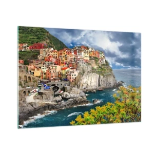 Quadro su vetro - Una città colorata su una scogliera in riva al mare - 100x70cm - Aggrappate alla roccia - Decorazione murale moderna per soggiorno e camera da letto ARTTOR