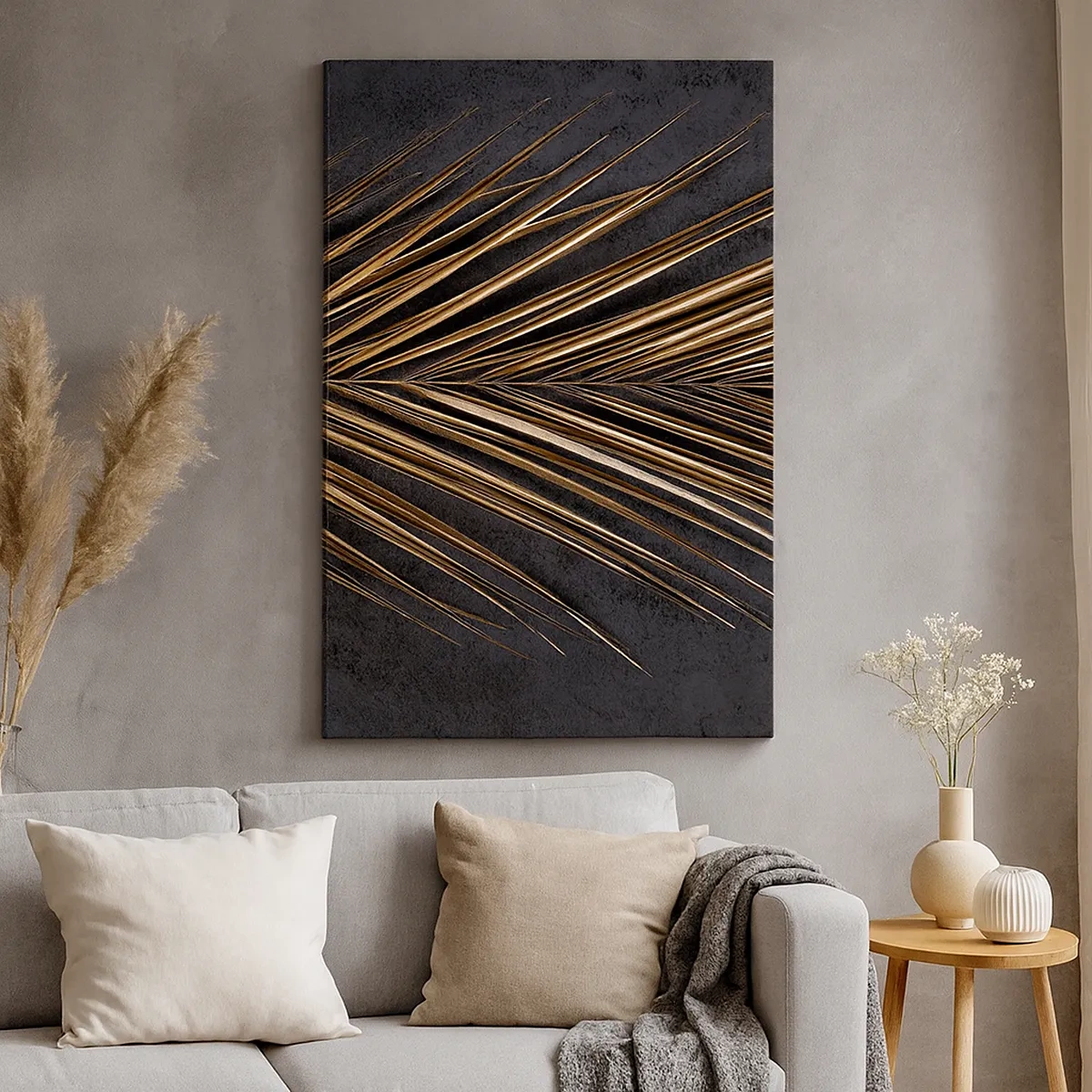 Quadro su tela - Stampe su Tela - Foglia tropicale dorata su sfondo nero - 50x70cm - L'oro dei tropici - Decorazione murale moderna per soggiorno e camera da letto ARTTOR