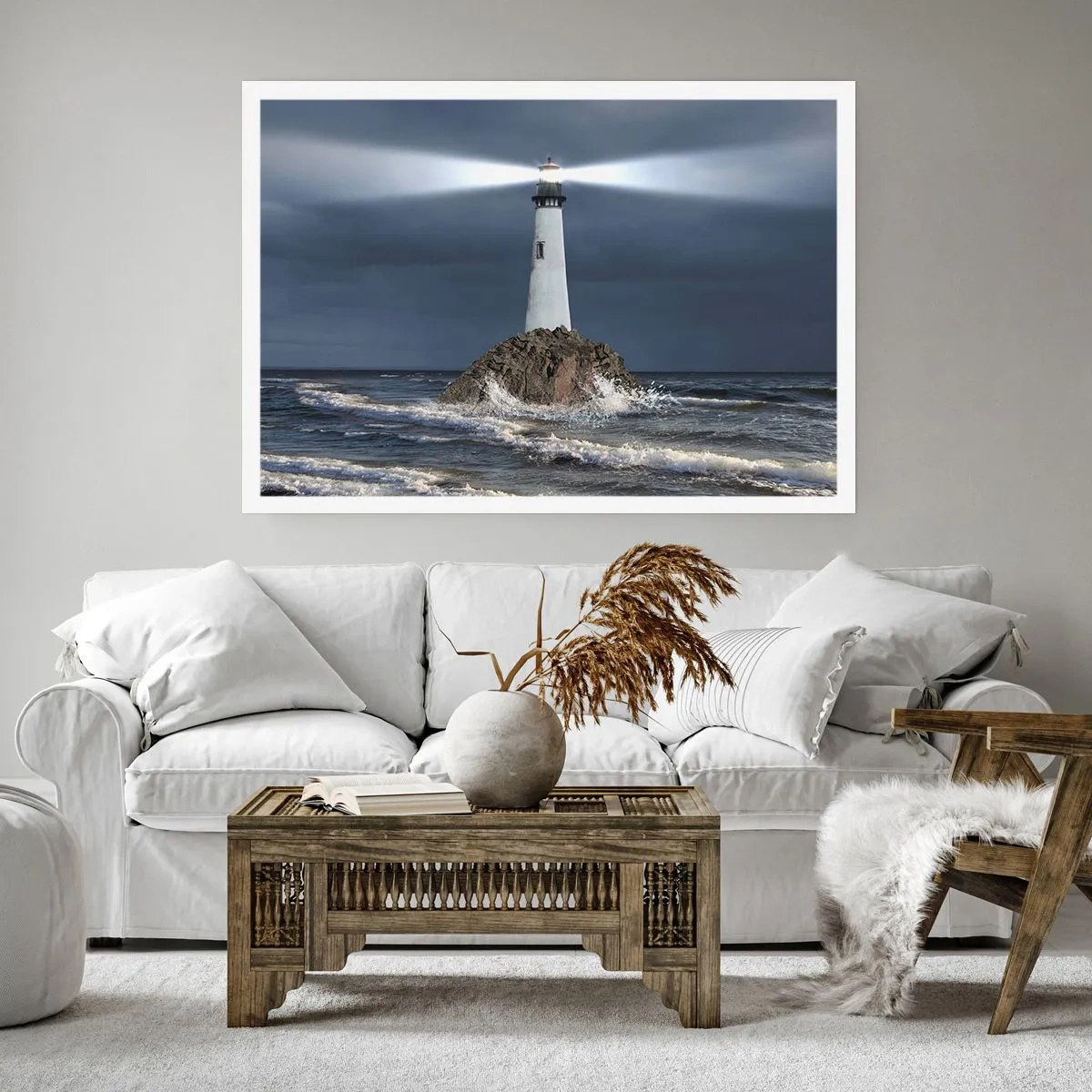 Poster - Un faro su una roccia circondato da un mare in tempesta - 100x70cm - Qui...qui... qui! - Decorazione murale moderna per soggiorno e camera da letto ARTTOR