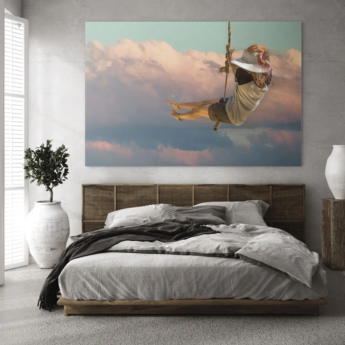 Quadro su vetro - Ragazza sull'altalena tra le nuvole rosa - 120x80cm - Divertimento tra le nuvole - Decorazione murale moderna per soggiorno e camera da letto ARTTOR