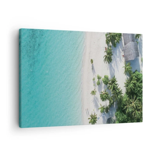 Quadro su tela - Stampe su Tela - Una vista a volo d'uccello di una spiaggia tropicale con acqua turchese e palme - 70x50cm - Vacanze in paradiso - Decorazione murale moderna per soggiorno e camera da letto ARTTOR