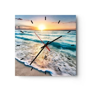 Orologio da parete - Orologio in Vetro - Alba su una spiaggia tranquilla con onde - 30x30cm - Tramonto sul mare - Decorazione murale moderna per soggiorno e camera da letto ARTTOR