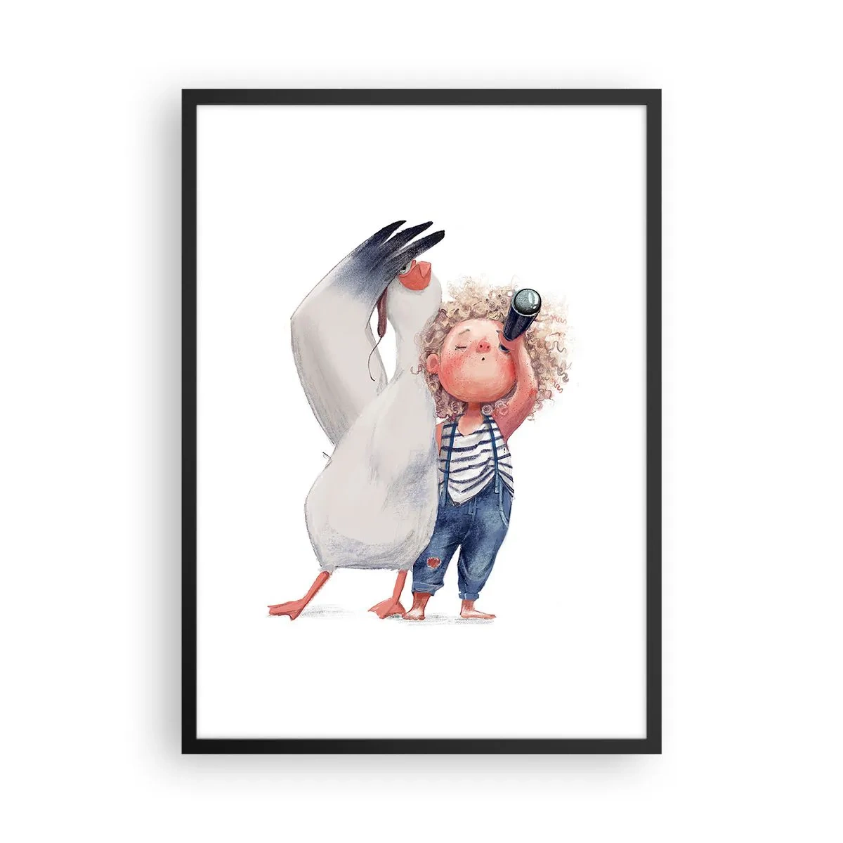 Poster in cornice nera - Illustrazione di un bambino con un binocolo e un uccello che lo accompagna - 50x70cm - Il progetto di un grande viaggio - Decorazione murale moderna per soggiorno e camera da letto ARTTOR