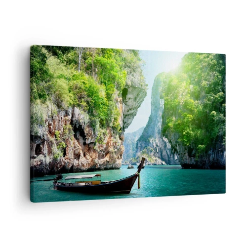 Quadro su tela - Stampe su Tela - Una barca tradizionale sullo sfondo di scogliere tropicali e acque turchesi - 70x50cm - Invito a un viaggio esotico - Decorazione murale moderna per soggiorno e camera da letto ARTTOR