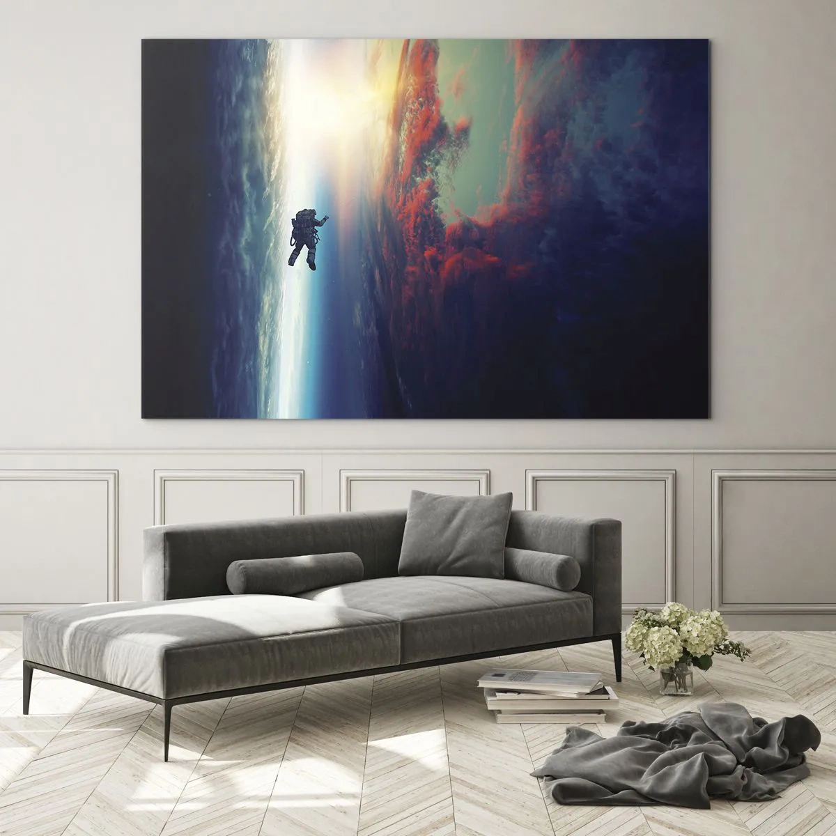 Quadro su vetro - Un astronauta alla deriva nello spazio verso la luce - 100x70cm - Affrontando l'universo - Decorazione murale moderna per soggiorno e camera da letto ARTTOR