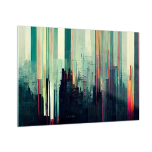 Quadro su vetro - Linee verticali colorate formano il contorno di una metropoli futuristica. - 100x70cm - Città futuristica - Decorazione murale moderna per soggiorno e camera da letto ARTTOR