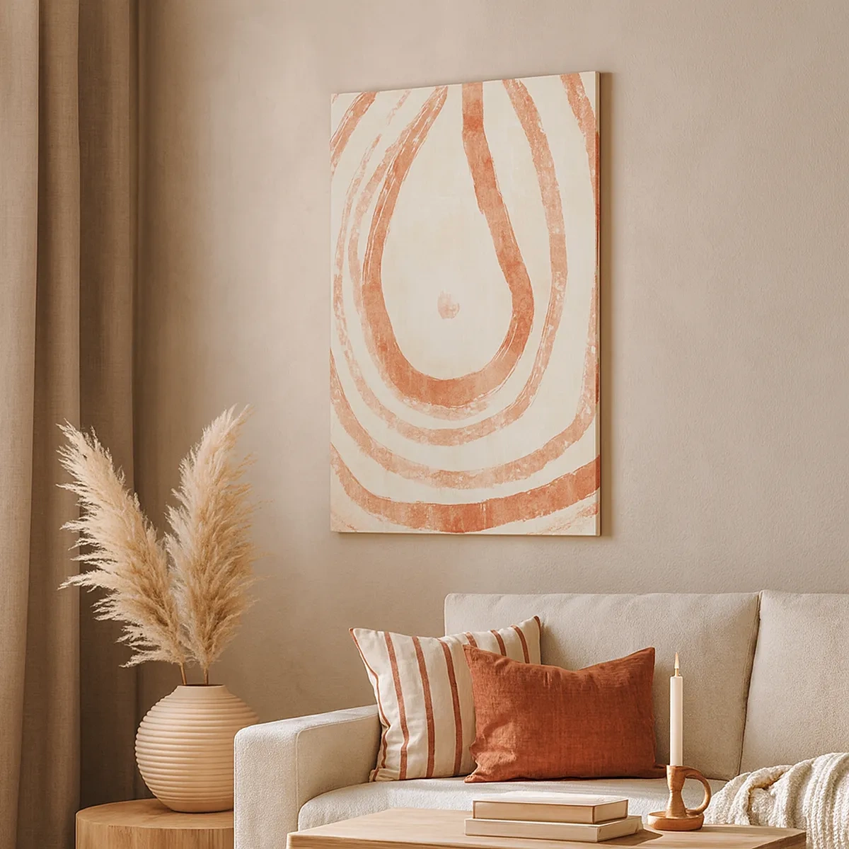 Quadro su tela - Stampe su Tela - Un motivo astratto di linee concentriche nelle tonalità del terracotta. - 50x70cm - Cerchi di corallo - Decorazione murale moderna per soggiorno e camera da letto ARTTOR