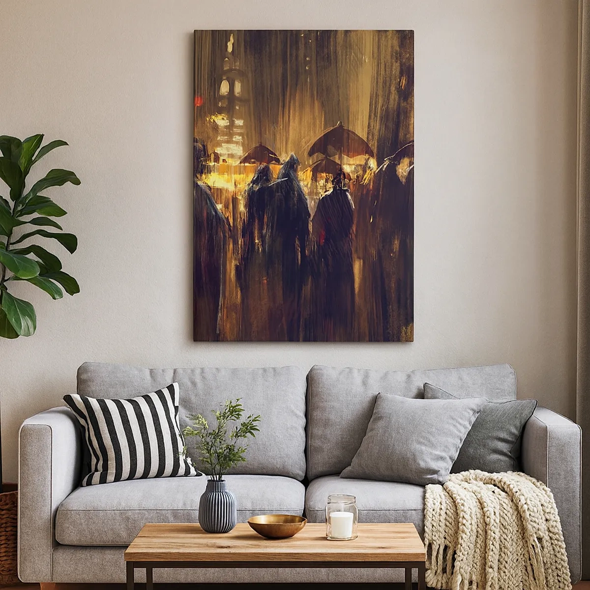 Quadro su tela - Stampe su Tela - Figure con ombrelli in una città piovosa di notte - 50x70cm - Gli adoratori della pioggia - Decorazione murale moderna per soggiorno e camera da letto ARTTOR