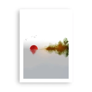 Poster - Un paesaggio minimalista con un sole rosso e un lago. - 50x70cm - Promessa di pace - Decorazione murale moderna per soggiorno e camera da letto ARTTOR