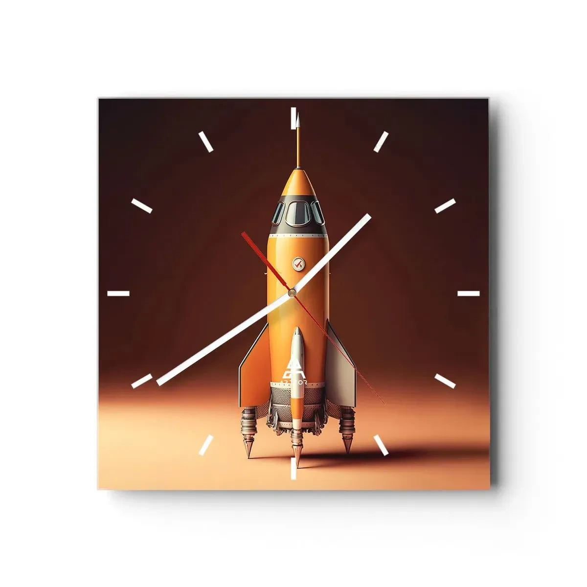 Orologio da parete - Orologio in Vetro - Un razzo in stile retrò su uno sfondo di toni marroni - 30x30cm - Si inizia dai sogni - Decorazione murale moderna per soggiorno e camera da letto ARTTOR