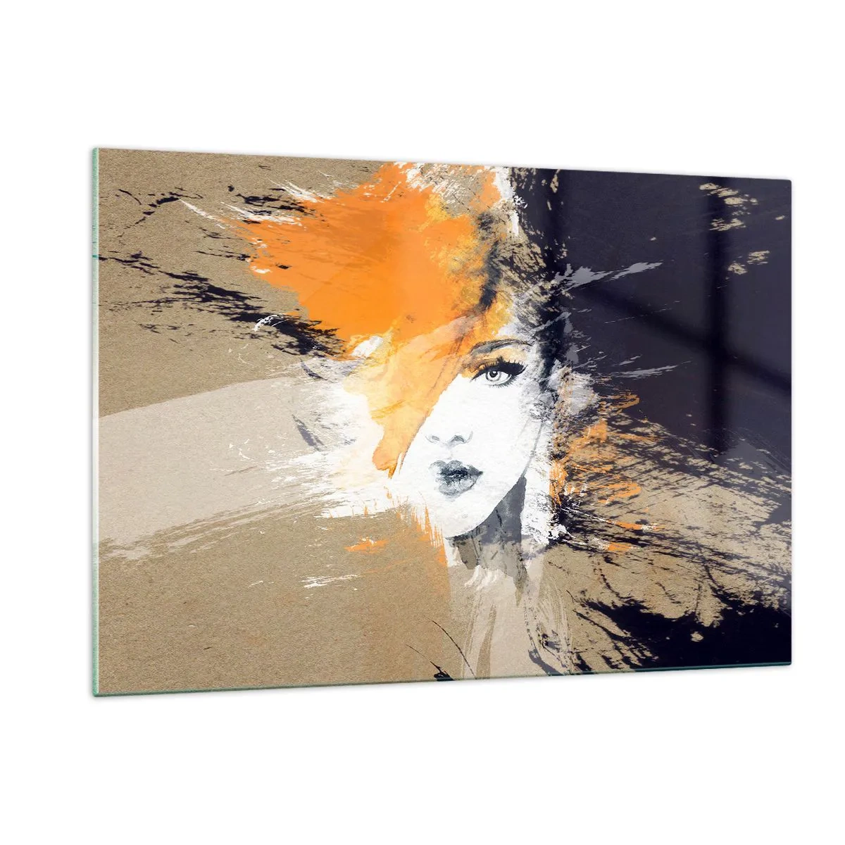 Quadro su vetro - Ritratto astratto di una donna con accenti arancioni - 120x80cm - E la luce fu - Decorazione murale moderna per soggiorno e camera da letto ARTTOR