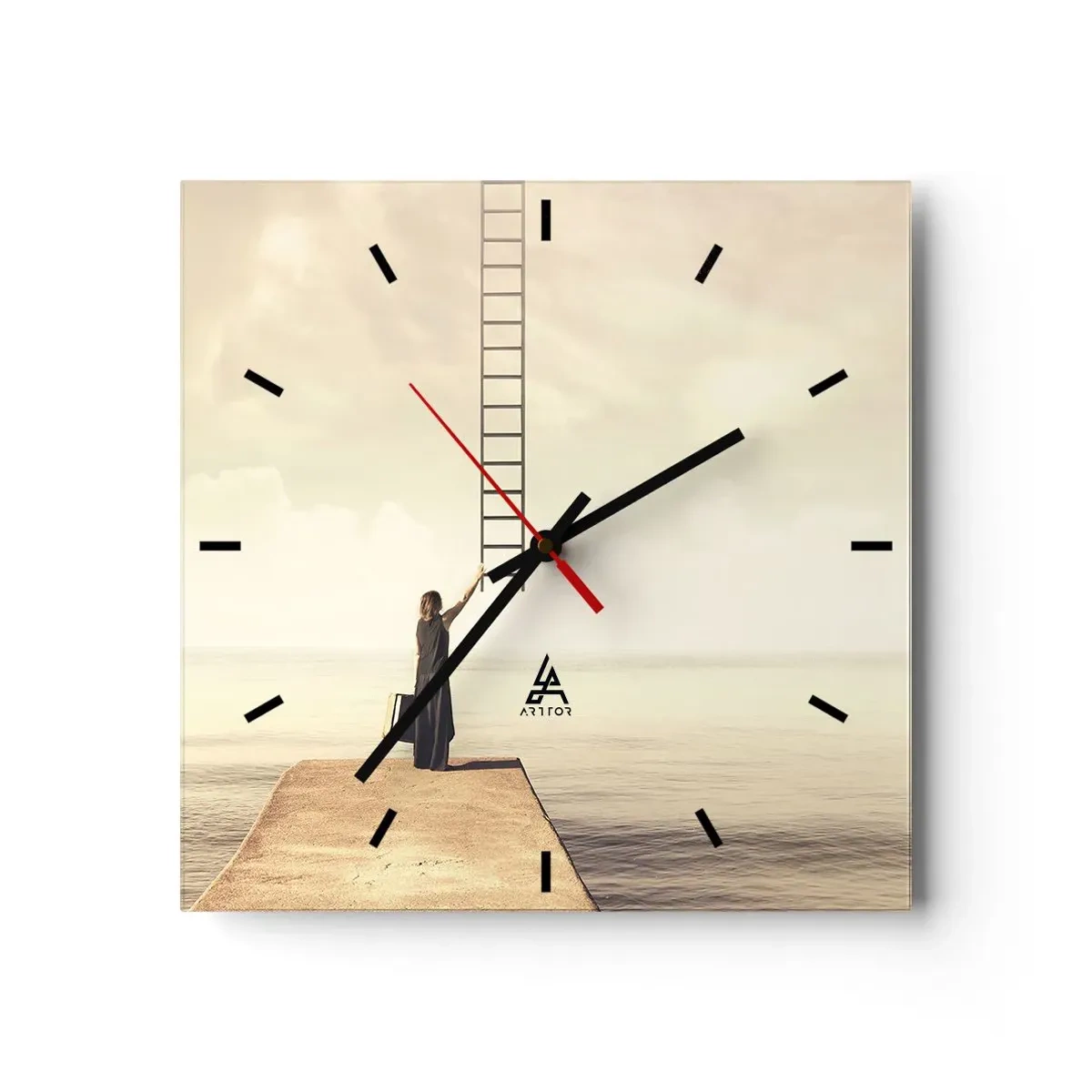 Orologio da parete - Orologio in Vetro - Una donna in piedi su un molo con una scala che porta al cielo - 30x30cm - Viaggio magico - Decorazione murale moderna per soggiorno e camera da letto ARTTOR