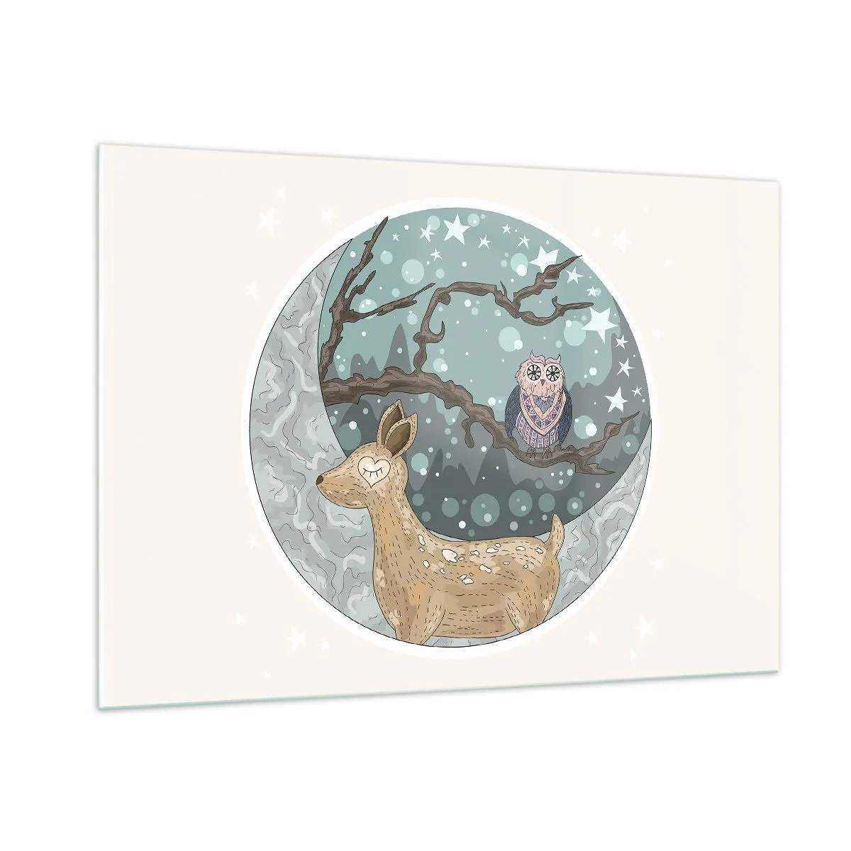 Quadro su vetro - Illustrazione di un cervo e un gufo in un ambiente magico - 100x70cm - Notte fiabesca nel bosco - Decorazione murale moderna per soggiorno e camera da letto ARTTOR