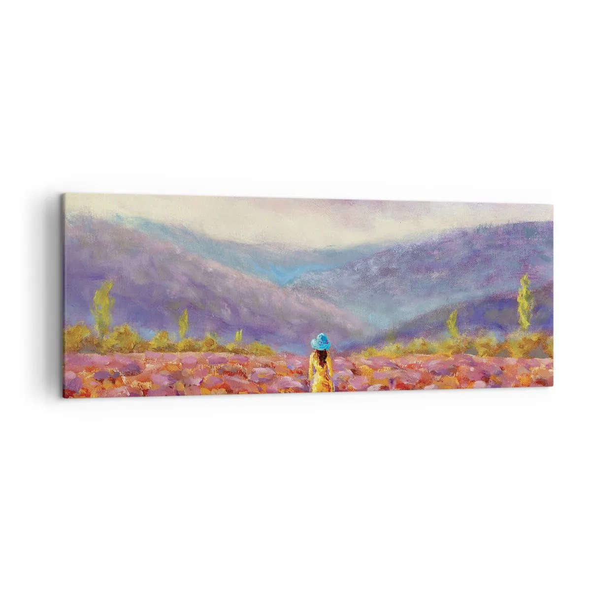 Quadro su tela - Stampe su Tela - Una donna con un cappello cammina in un campo di lavanda. - 140x50cm - Nel mondo di lavanda - Decorazione murale moderna per soggiorno e camera da letto ARTTOR