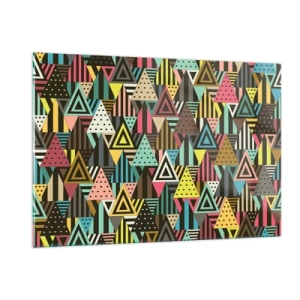 Quadro su vetro - Una composizione astratta con triangoli dai colori intensi. - 120x80cm - Al ritmo di tre - Decorazione murale moderna per soggiorno e camera da letto ARTTOR