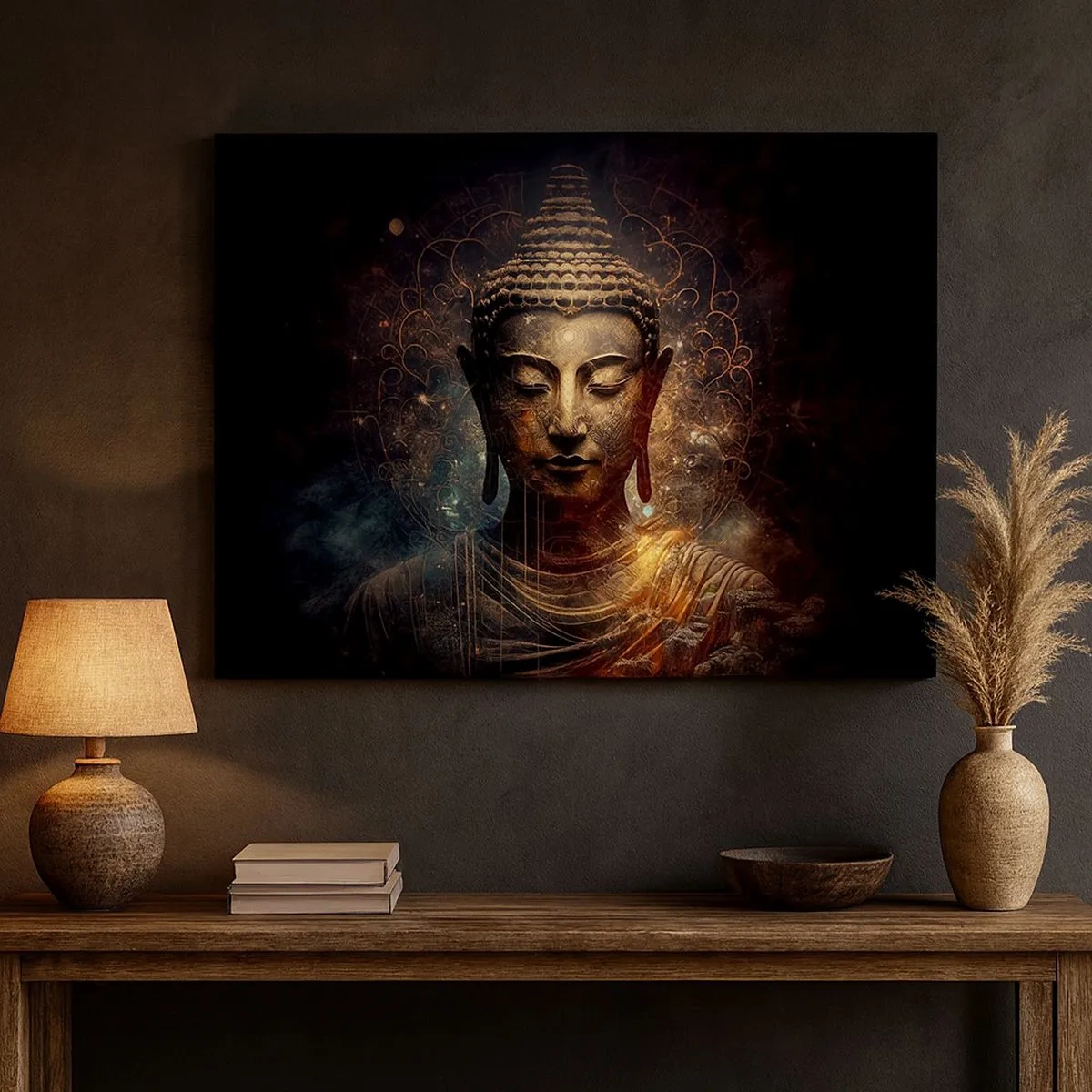 Quadro su tela - Stampe su Tela - Buddha dorato su sfondo scuro con ornamenti - 70x50cm - Equilibrio spirituale - Decorazione murale moderna per soggiorno e camera da letto ARTTOR
