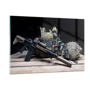 Quadro su vetro - Equipaggiamento tattico e armi disposte su un tavolo di legno - 120x80cm - Riposo! - Decorazione murale moderna per soggiorno e camera da letto ARTTOR